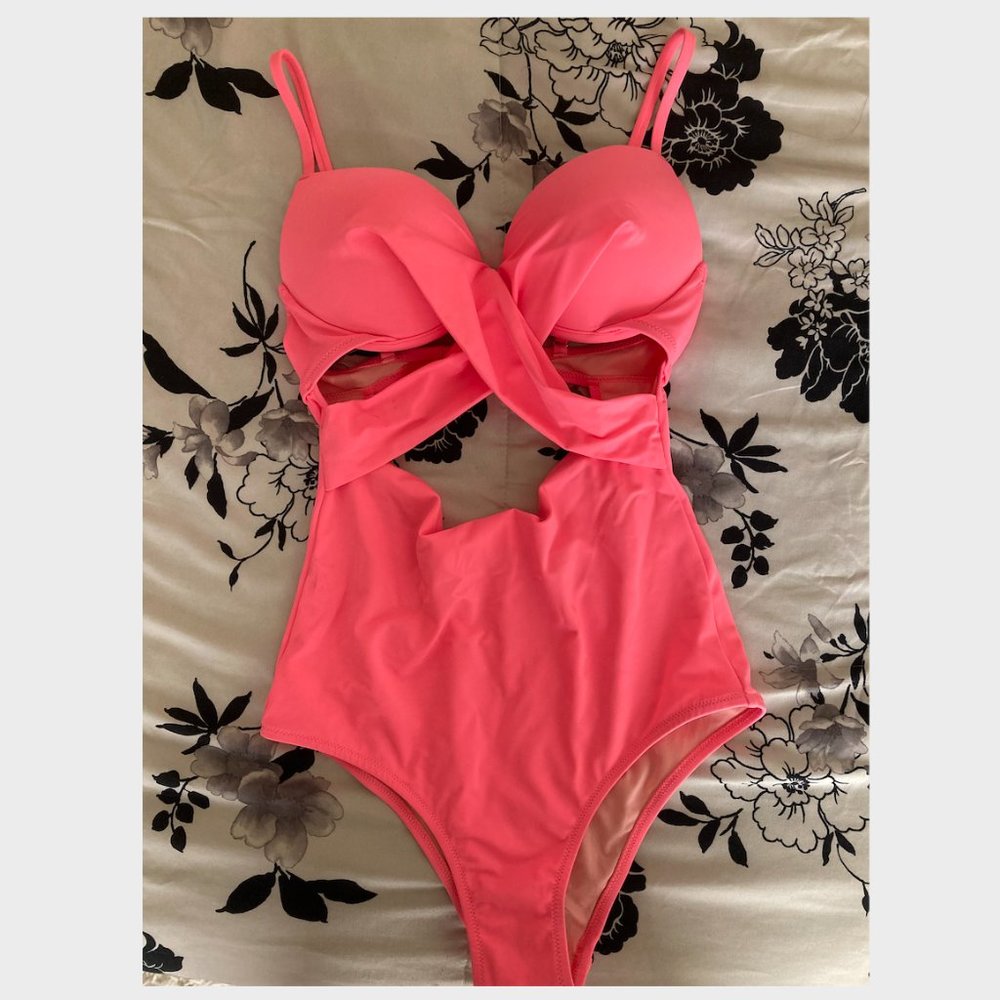 Coral Pink One-Piece Cut Out Swimsuit - Picture 1 of 7